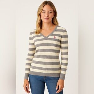 U.S. Polo Assn. Gray Cream Striped V-Neck Sweater Preppy Casual Size L